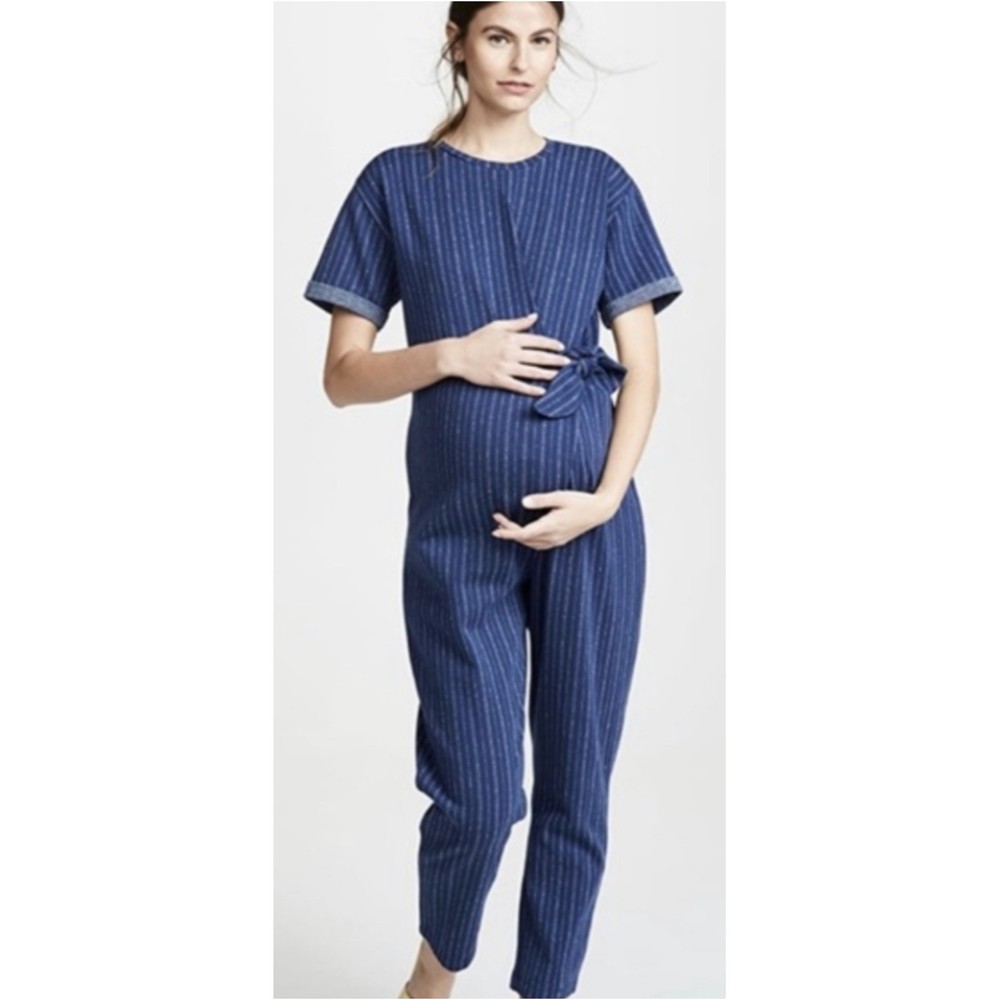 HATCH White Striped Blue Short Sleeve Maternity Jumpsuit